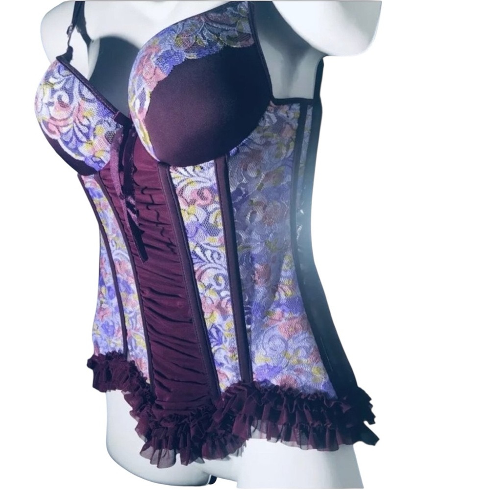 Coquette Purple & Wine Floral Boned Corset Bustier Lingerie Small